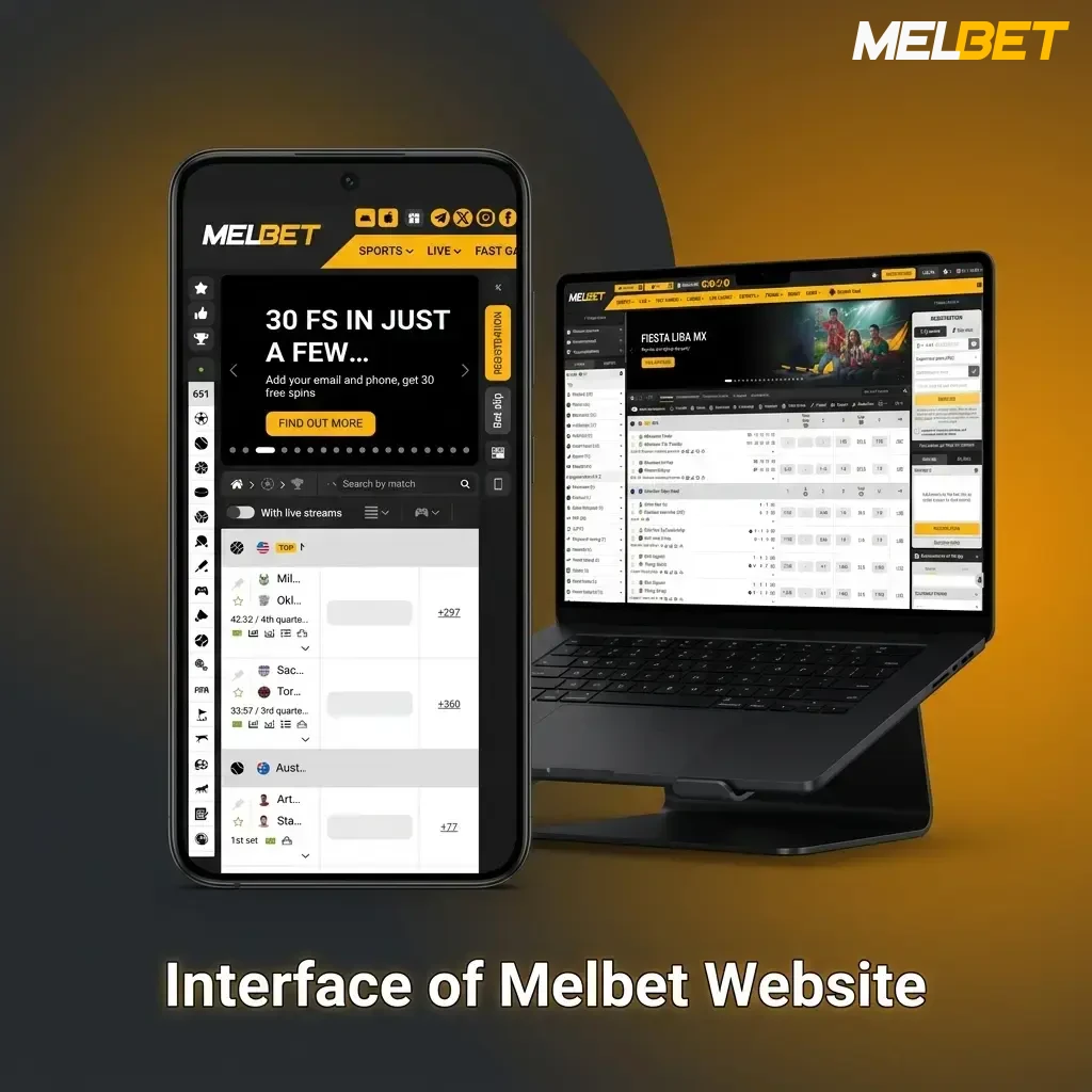 Melbet website interface showing top navigation bar with Sports, Live, Casino, Cybersports, and Promotions sections