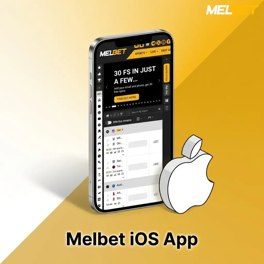 Melbet iOS app for iPhone and iPad showing sports betting, live casino and slots features available for Indian users