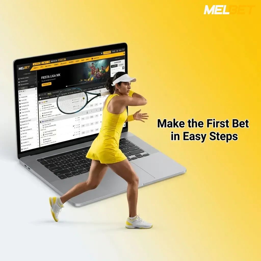 Melbet first bet guide showing steps from registration to placing a bet with UPI deposit and welcome bonus activation