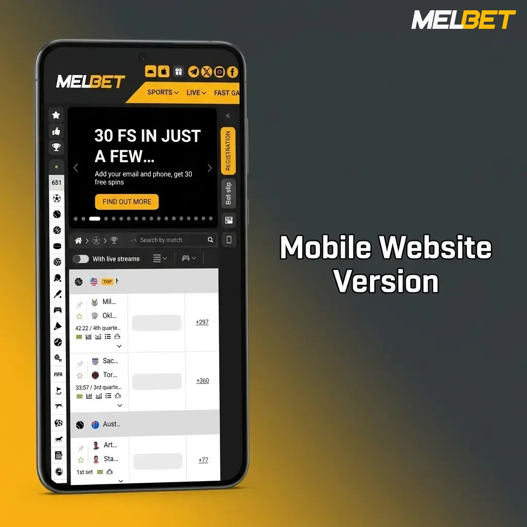 Melbet mobile website on phone browser showing sports betting and casino features with no app download needed