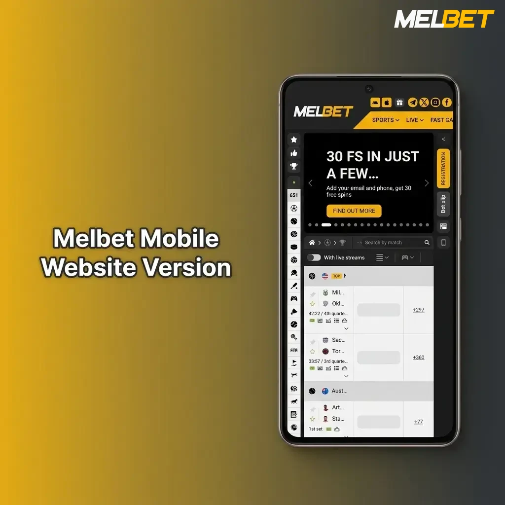 Melbet mobile website on smartphone browser with sports betting and live casino games for India users